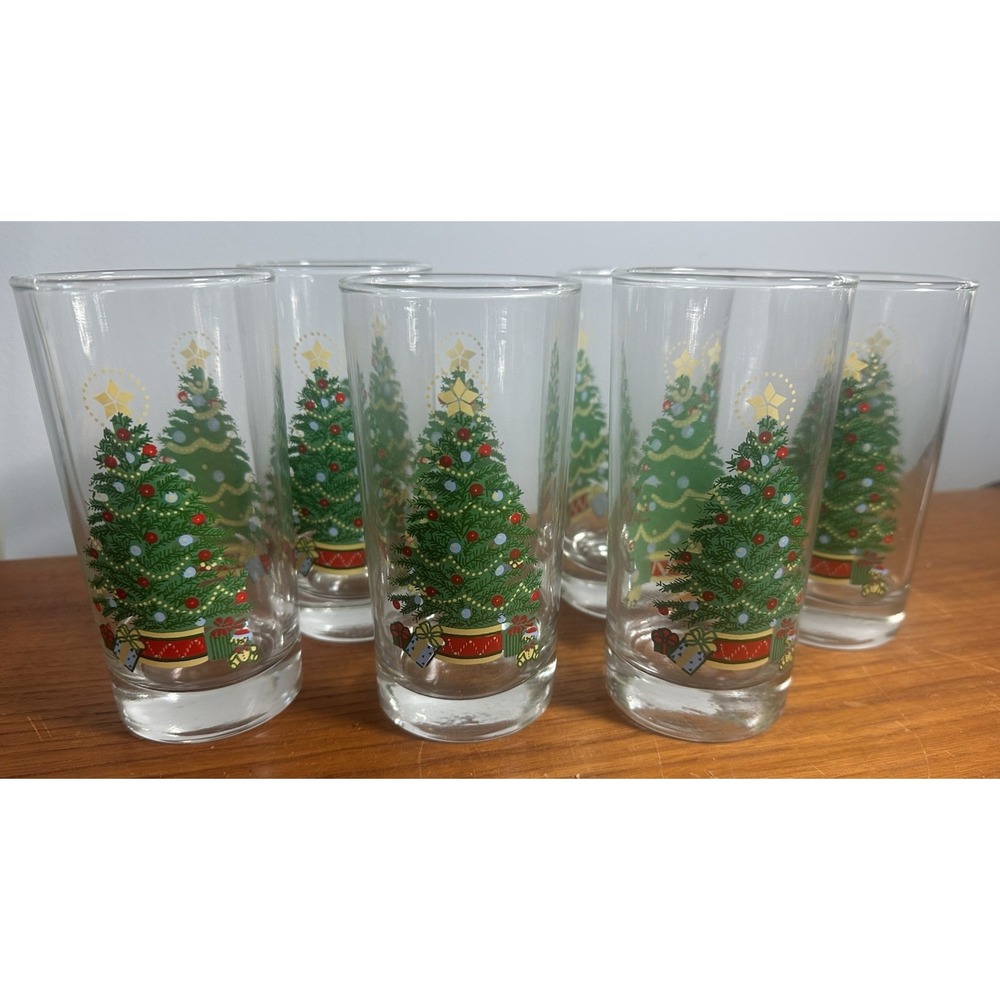 Vintage Homco Set of 6 Christmas Tree 16 oz Tumblers Glasses